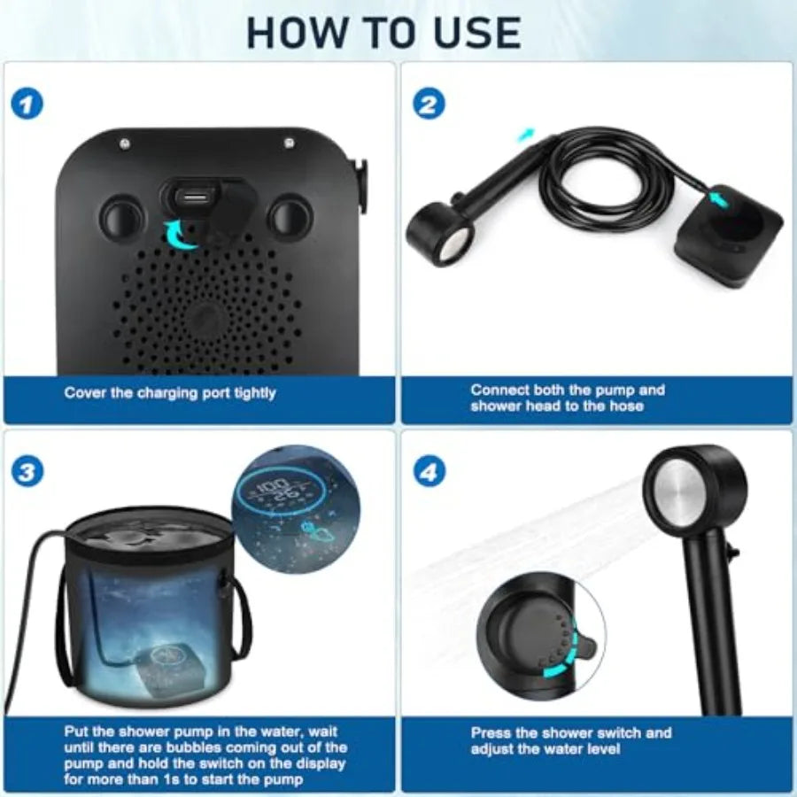 Portable Shower for Camping Rechargeable with 5 Adjustable Speeds, 4 Spray Modes