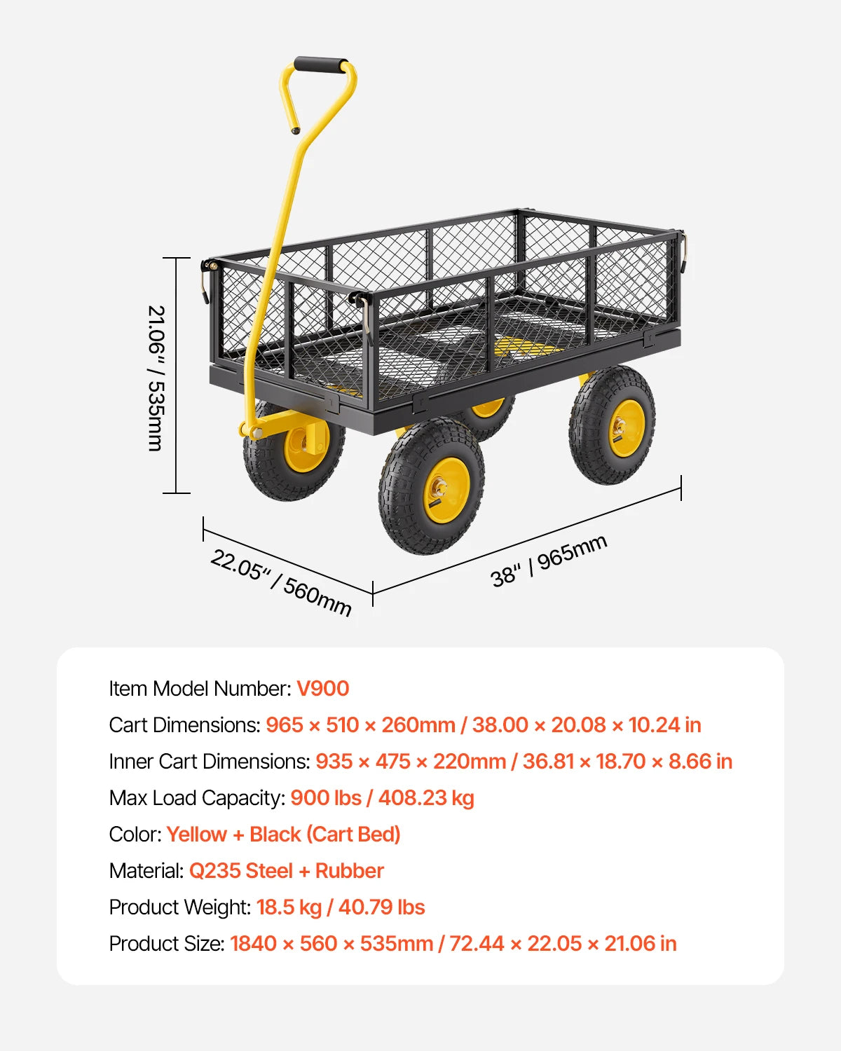 Steel Garden Cart W/ All TerrainTires Mesh Removable Sides and Rotating Handle