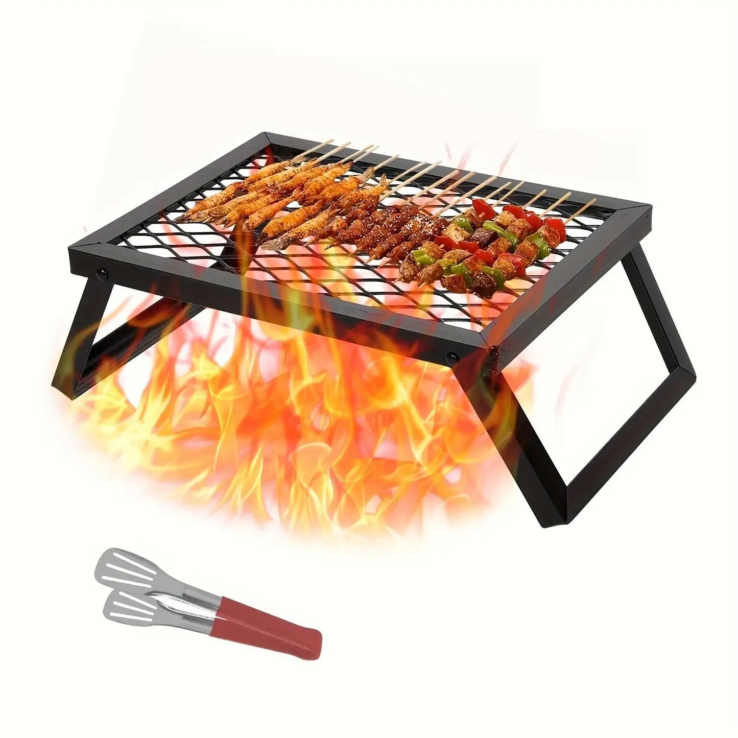 Portable Foldable Campfire Grill Set 40x30cm 16x12in Heavy Duty Steel Barbecue Grate with Folding Legs & BBQ Tongs Outdoor Over Fire Camp Cooking Rack for Backyard Bonfire Picnic Camping Fire Pit Accessories