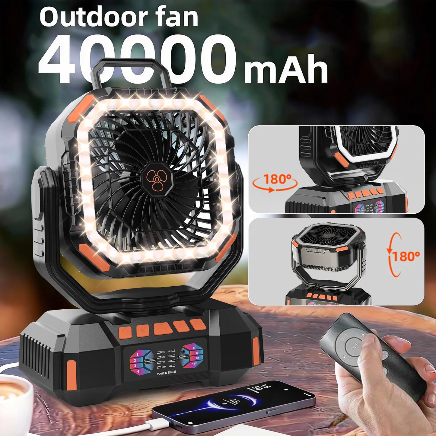 Portable Camping Fan Rechargeable 40000mAh Battery Operated Oscillating Fan USB C Battery Powered with LED Lantern, Head Rotation,Timer, Remote Auto, Hook for Tents Travel Outdoor Beach