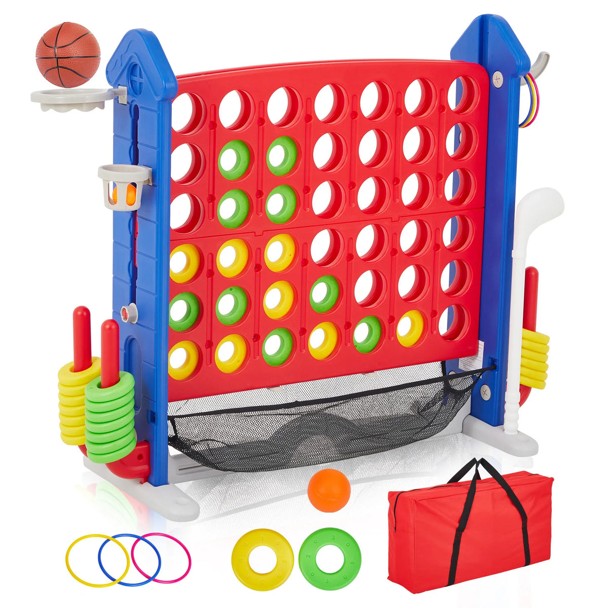 4-in-1 Giant Connect Four Yard Game Set with Basketball, Ring Toss & Net