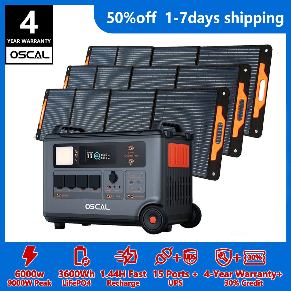 OSCAL PowerMax 6000 Portable Power Station – 3600Wh LiFePO4, 6000W