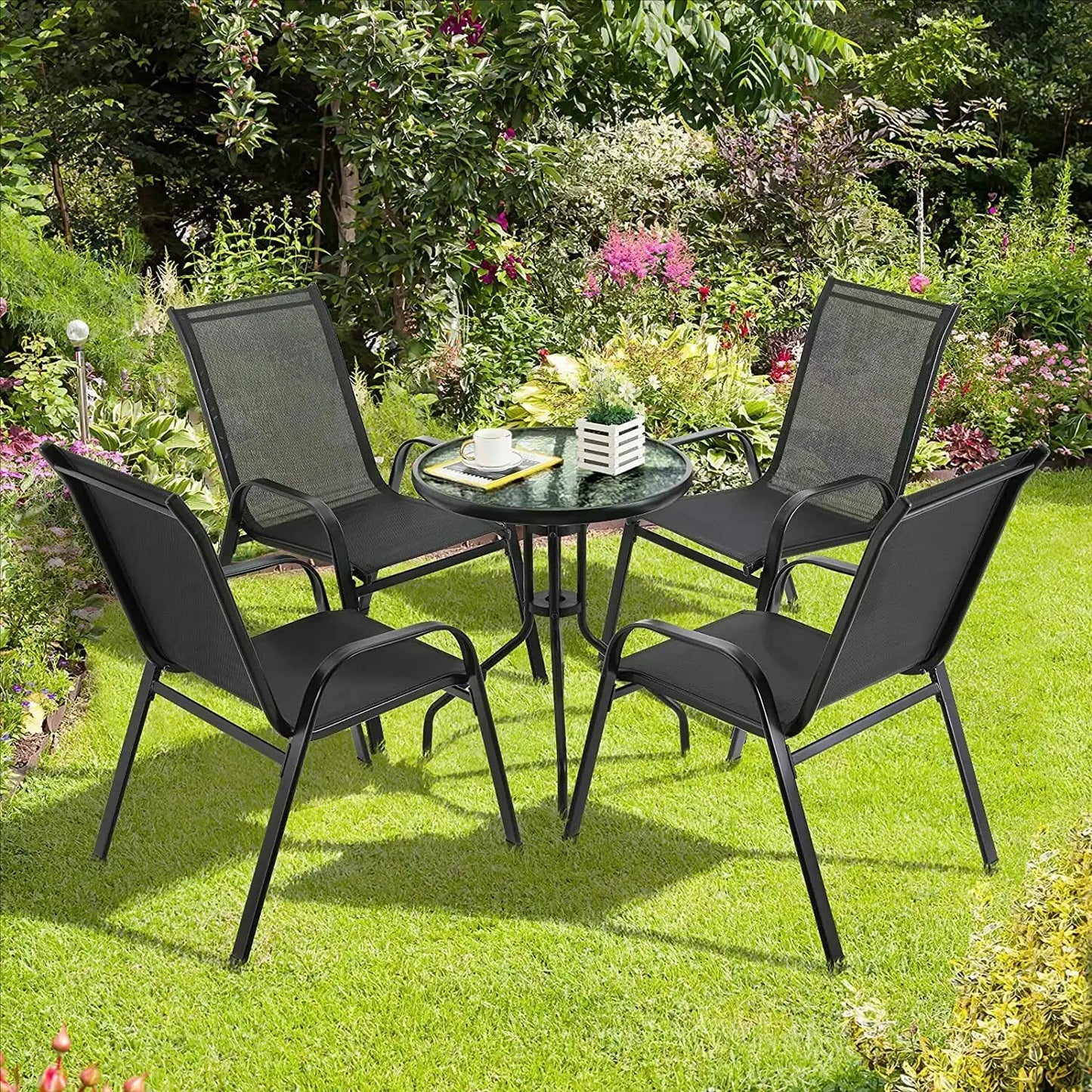 4PCS Garden Chairs Steel-iron+Teslin Fabric Folding High Chair