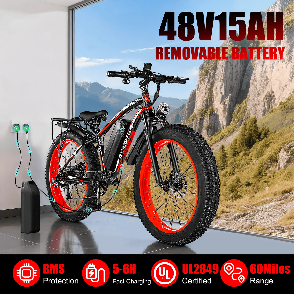 26" Fat Tire Electric Bike – 1000W Motor, 48V 15Ah Battery