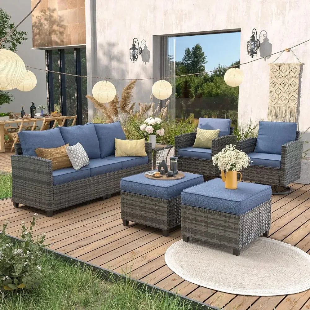 Patio Furniture Set, 6 Pieces Sectional Couch with Swivel Rocking Chair