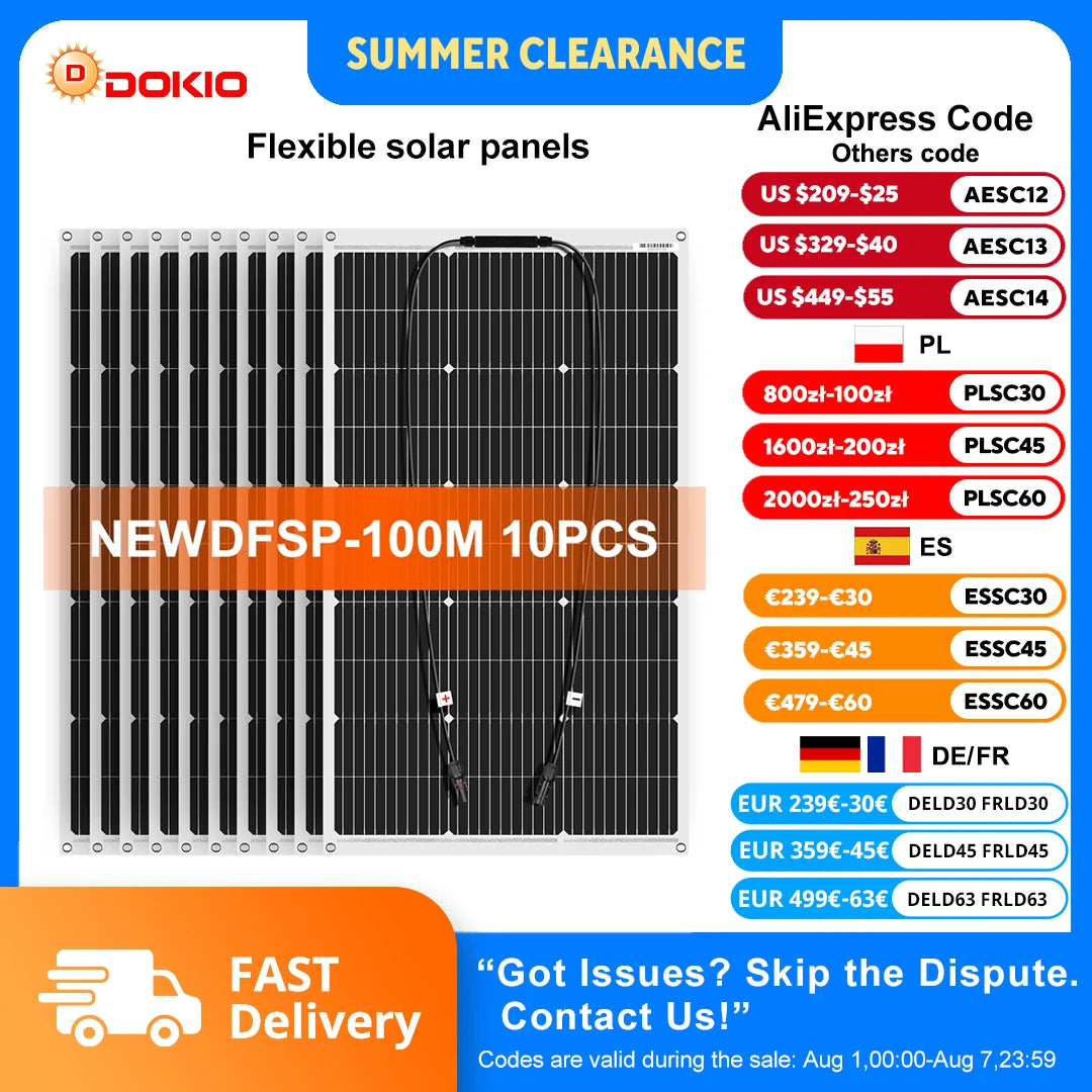 Dokio 18V 10pcs 100W Flexible Solar Panel Monocrystalline Solar Panel Waterproof Charge 12V 1000W