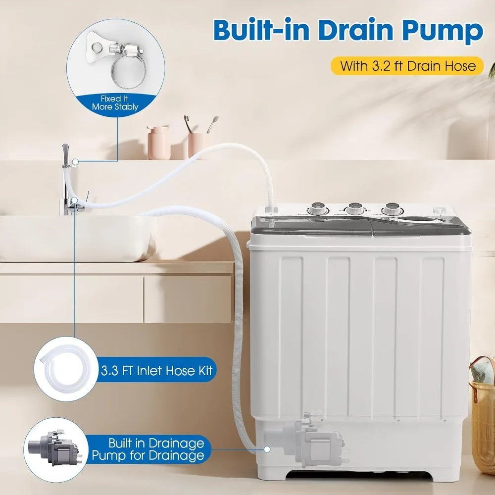 28 lb Portable Twin Tub Washing Machine with Spin Dryer & Drain Pump – Grey