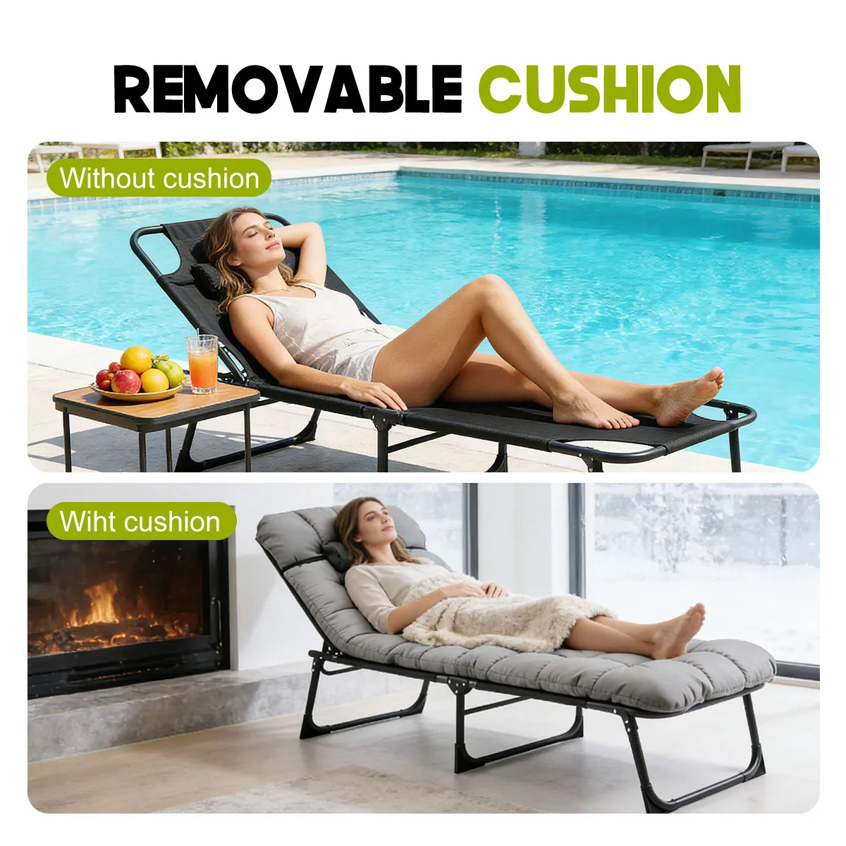 Adjustable Folding Lounge Chair with Removable Soft Cushion, 3 Position Reclining Heavy Duty 330 LBS Fold Up