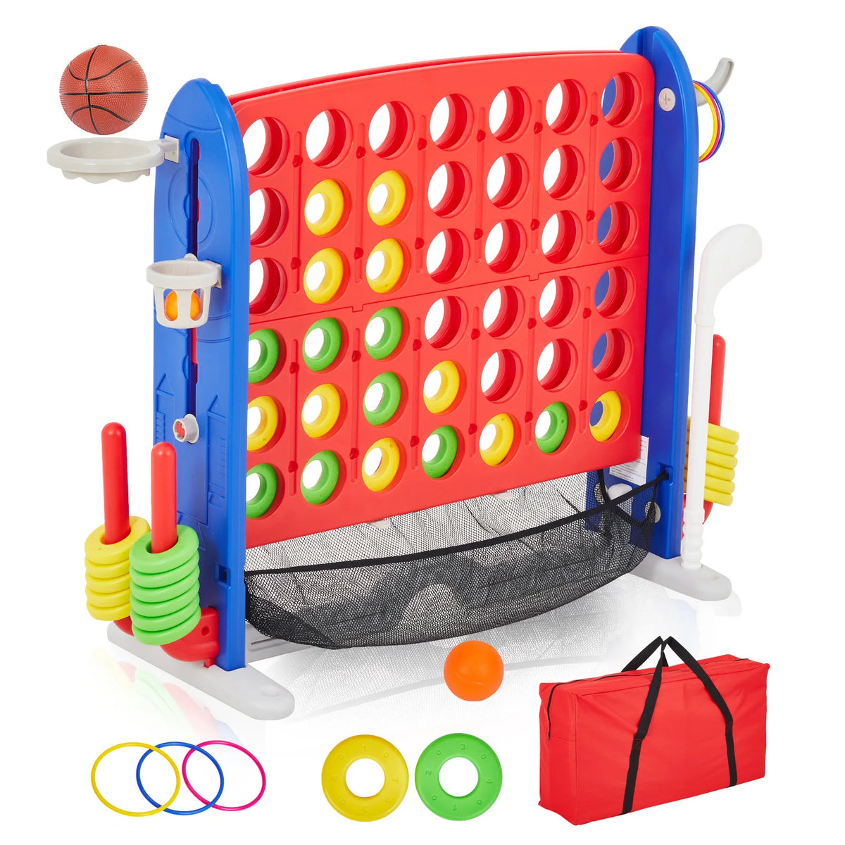 4-in-1 Giant Connect Four Yard Game Set with Basketball, Ring Toss & Net