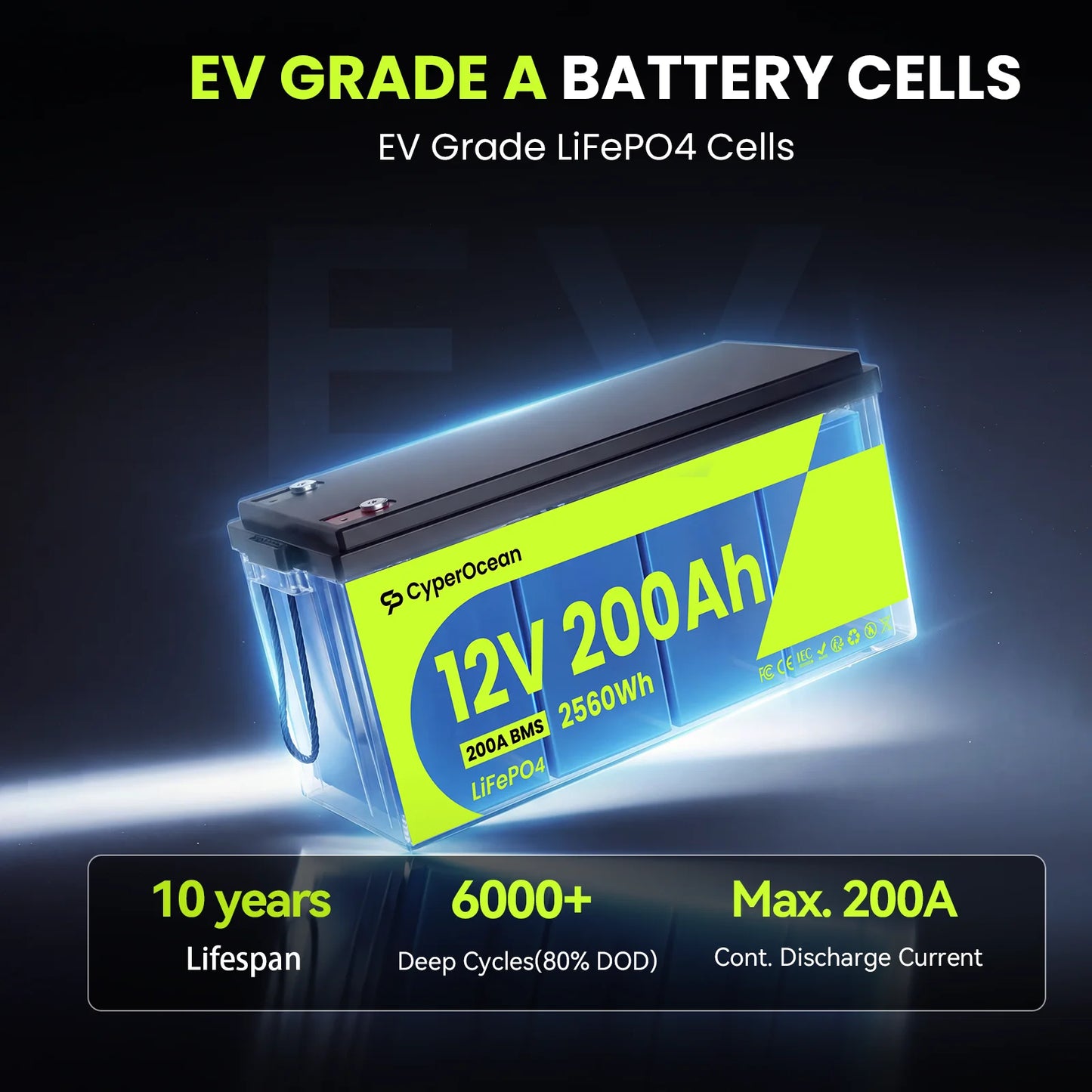 12V 200Ah LiFePO4 Battery 200A BMS 15000 Cycles Low-Temp Protection 2560Wh  Off-grid