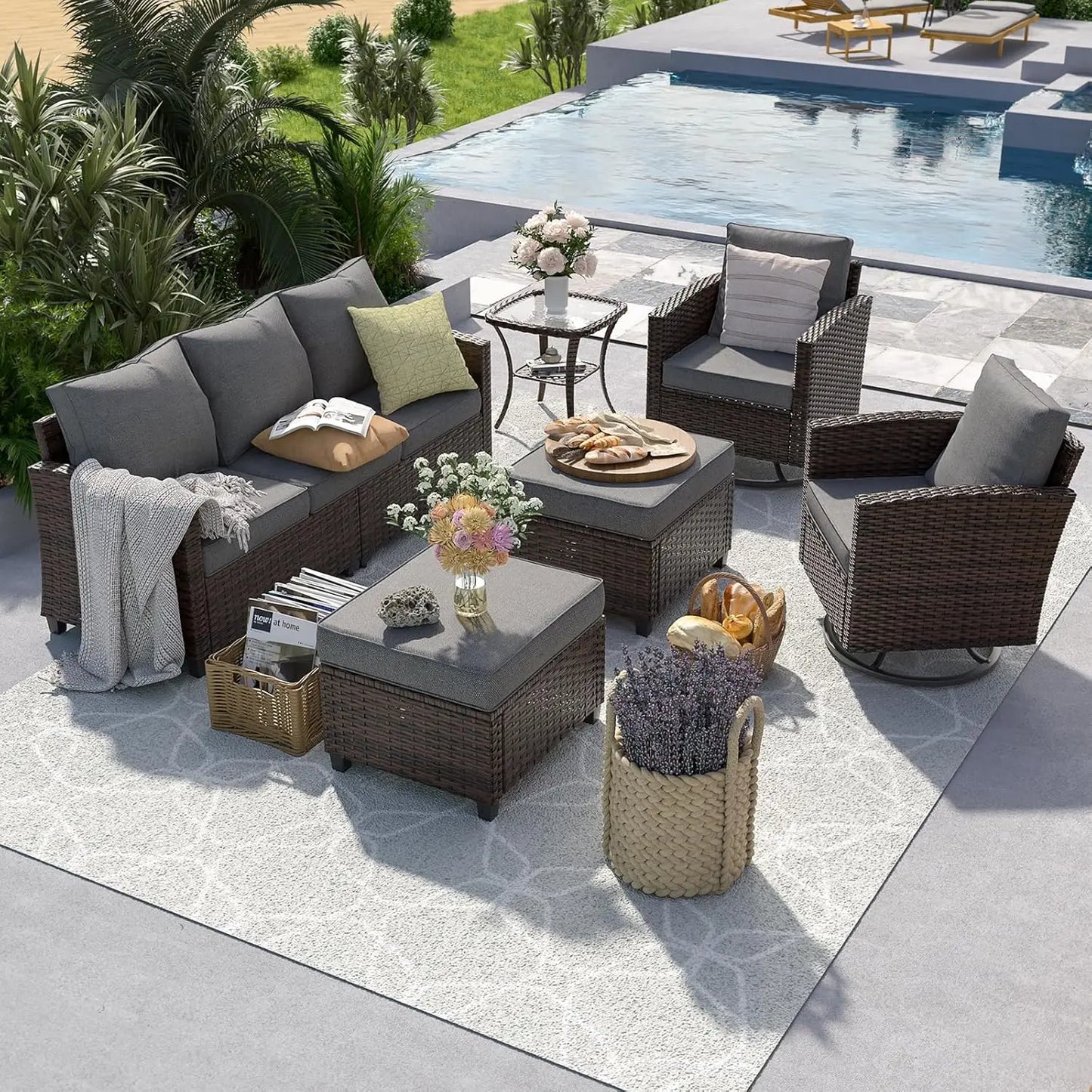 Patio Furniture Set, 6 Pieces Sectional Couch with Swivel Rocking Chair