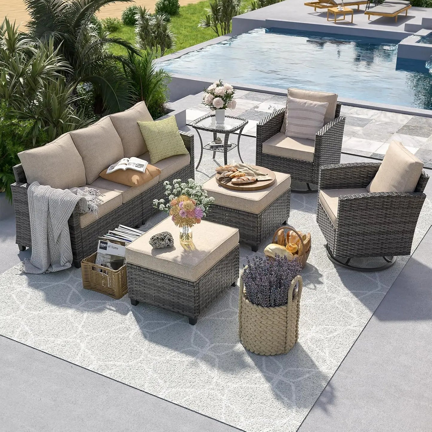 Patio Furniture Set, 6 Pieces Sectional Couch with Swivel Rocking Chair