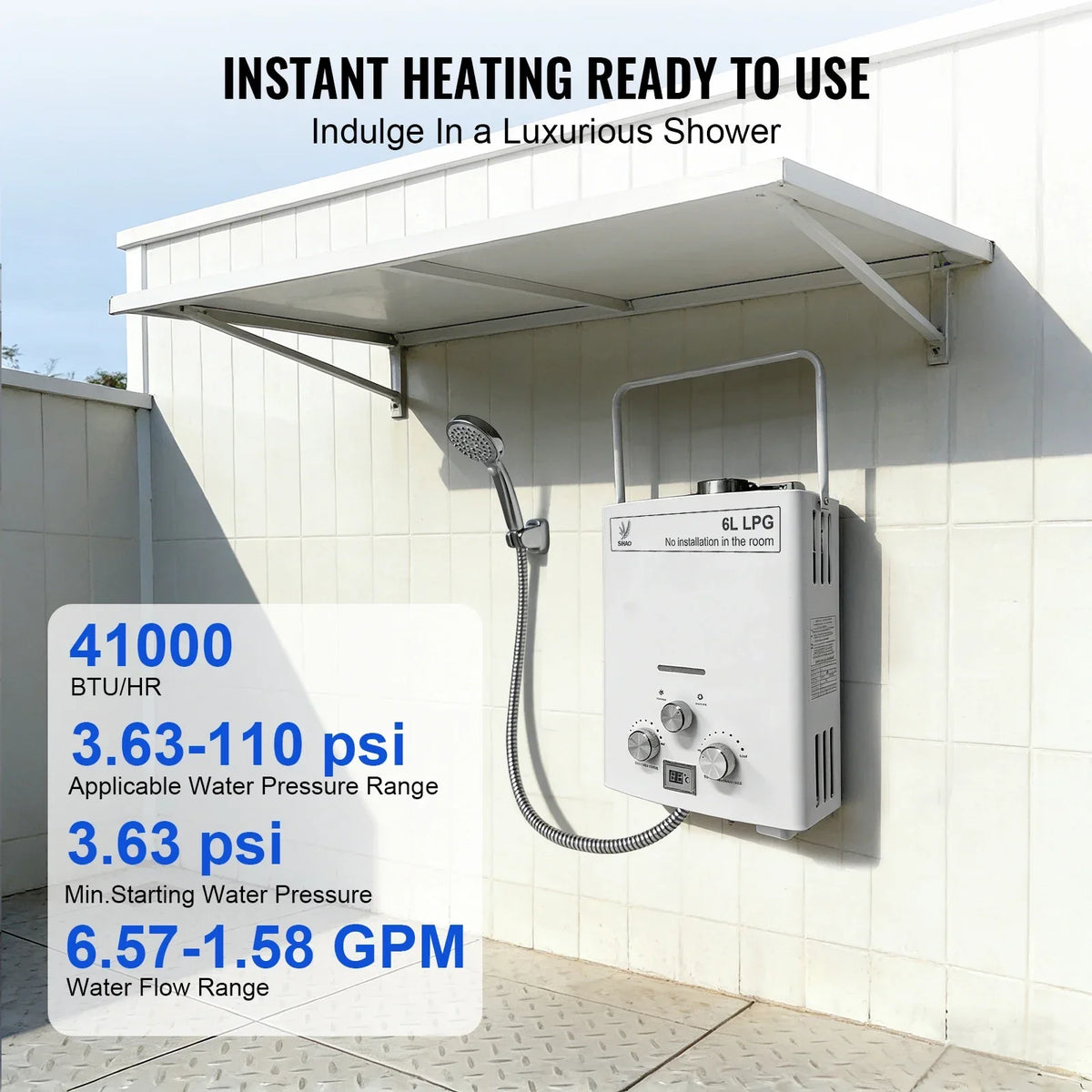 SIHAO 6L Portable Tankless LPG Water Heater – Digital Display for Outdoor Use