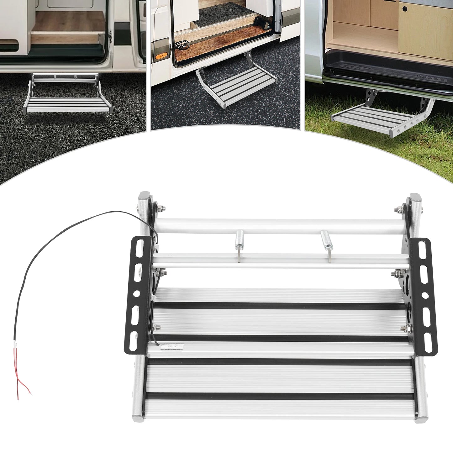 Folding RV Step Silver Aluminum Alloy 44cm RV Camper Step with 12V LED Light Manual RV Step 150kg Load Bearing Capacity