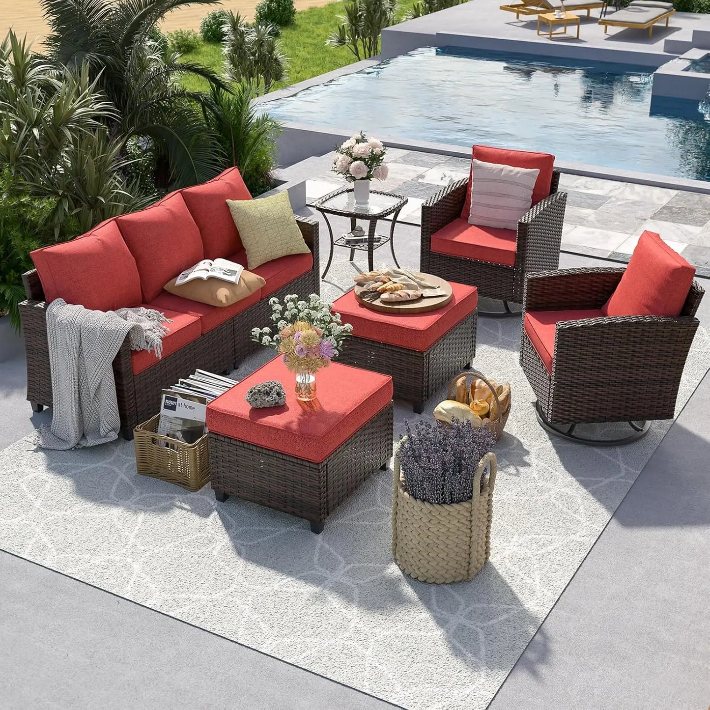 Patio Furniture Set, 6 Pieces Sectional Couch with Swivel Rocking Chair
