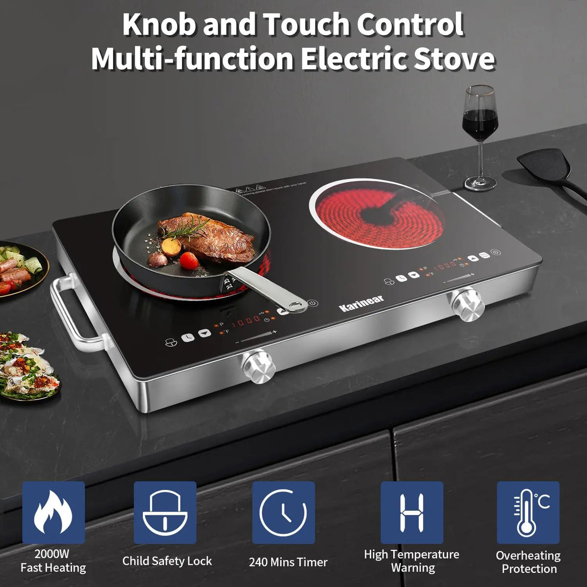 Karinear 2-Zone 3200W Electric Ceramic Cooktop – 220–240V Countertop Hob