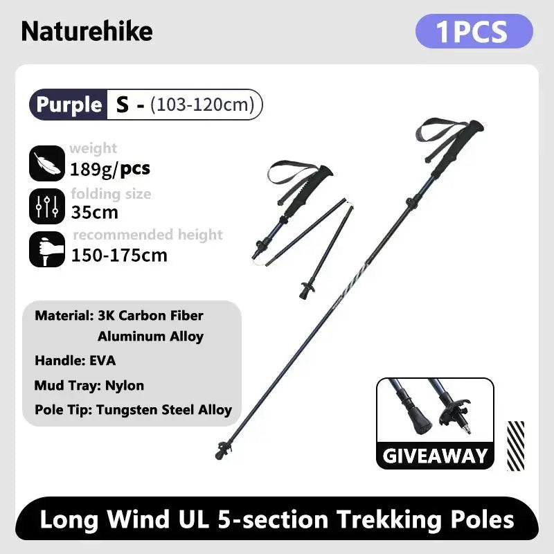 Naturehike Carbon Fiber Trekking Poles 5 Sections Portable Folding Climbing Sticks Outdoor Hiking Collapsible Walking Sticks