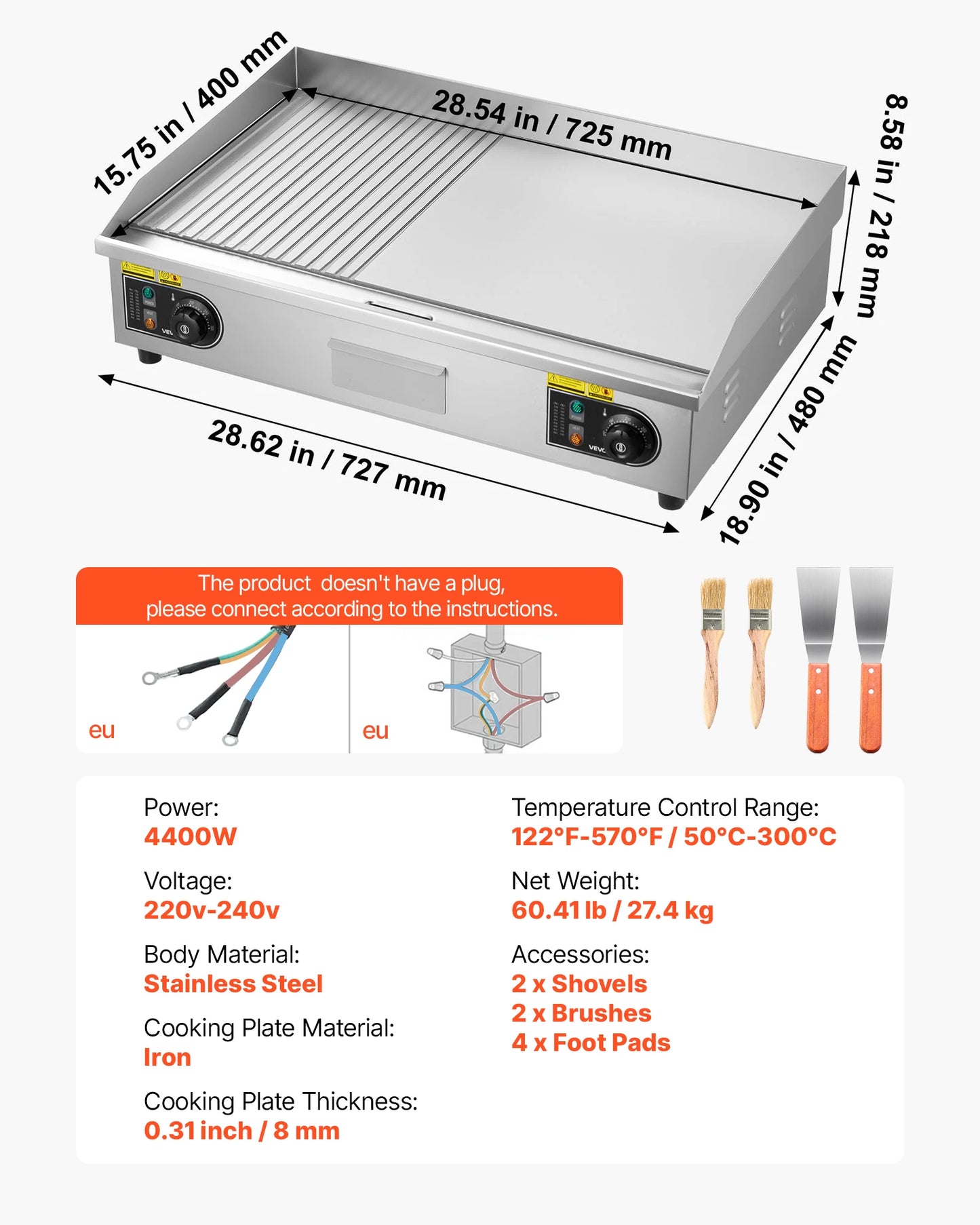 Stainless Steel Electric Griddle 50-300°C Adjustable Temp Control