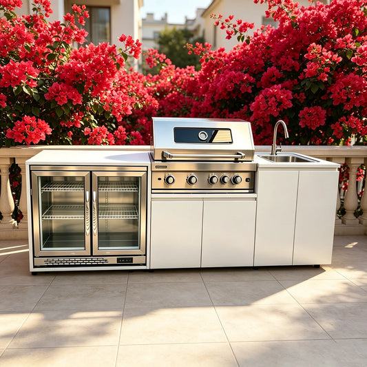 Stainless Steel Outdoor Kitchen With BBQ And Fridge With Grill Cooktop Sink Fridge Rolling Movable On Wheels For Backyard Patio