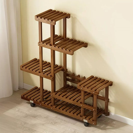 Multi-Layer Wood Plant Stand with Wheels