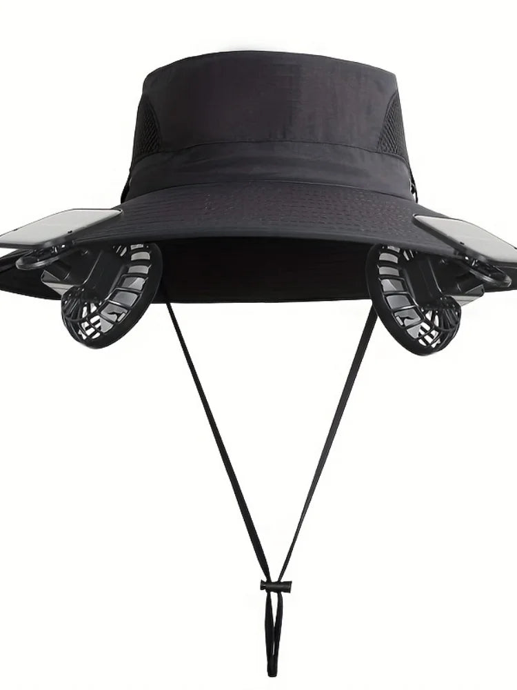 Solar Powered Cooling Fan Sun Hat Wide Brim UV Protection Bucket Hat With Dual Fans For Fishing Hiking Camping Outdoor