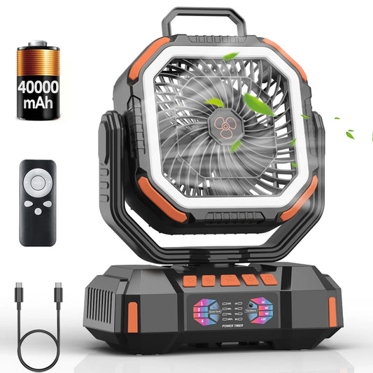 Portable Camping Fan 40000mAh Battery Powered, Rechargeable Camping Fan with Remote & LED Light, 4 Speed Strong Airflow & 3 CCT Lights for Outdoor Camp/RV/Tent/Fishing/Jobsite/Power Outages