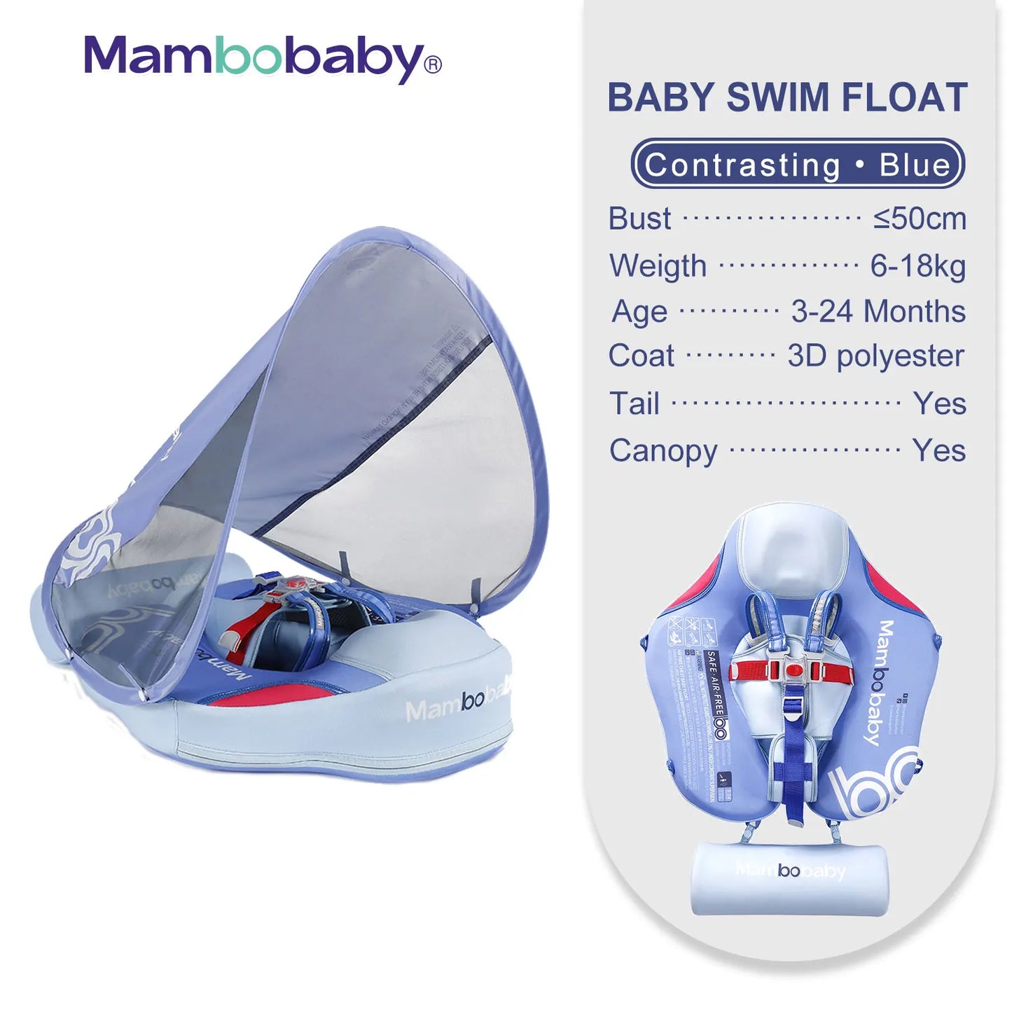 Baby Float with Sunshade Canopy and Crotch Strap Inflatable-free Safe Core Swimming Pool Accessory Bathroom Water Toy
