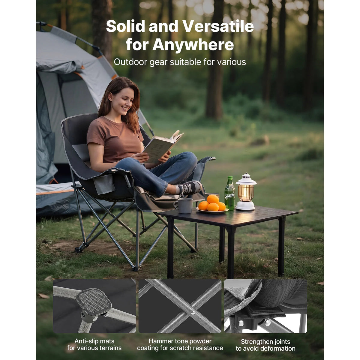 SucceBuy Oversized Padded Camping Chair with Cup & Wine Glass Holders