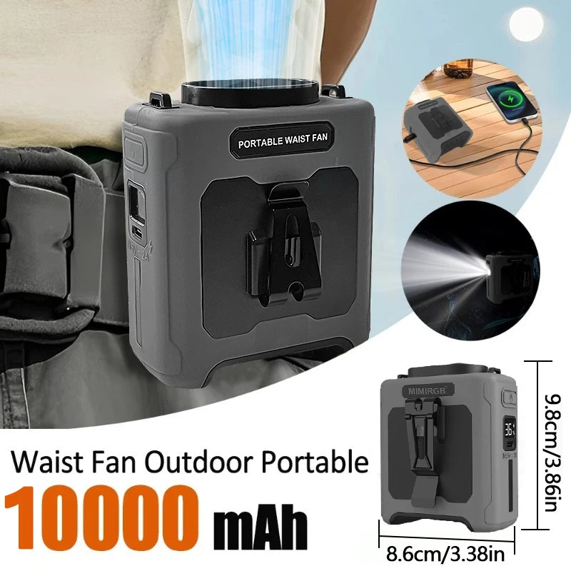 10000mAh Portable Neck Fan Cooling Rechargeable Hands-free Waist Clip Fan with Flashlight