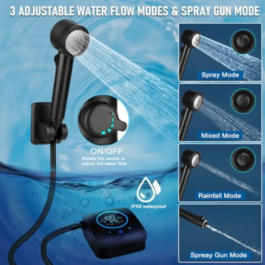 Portable Shower for Camping Rechargeable with 5 Adjustable Speeds, 4 Spray Modes