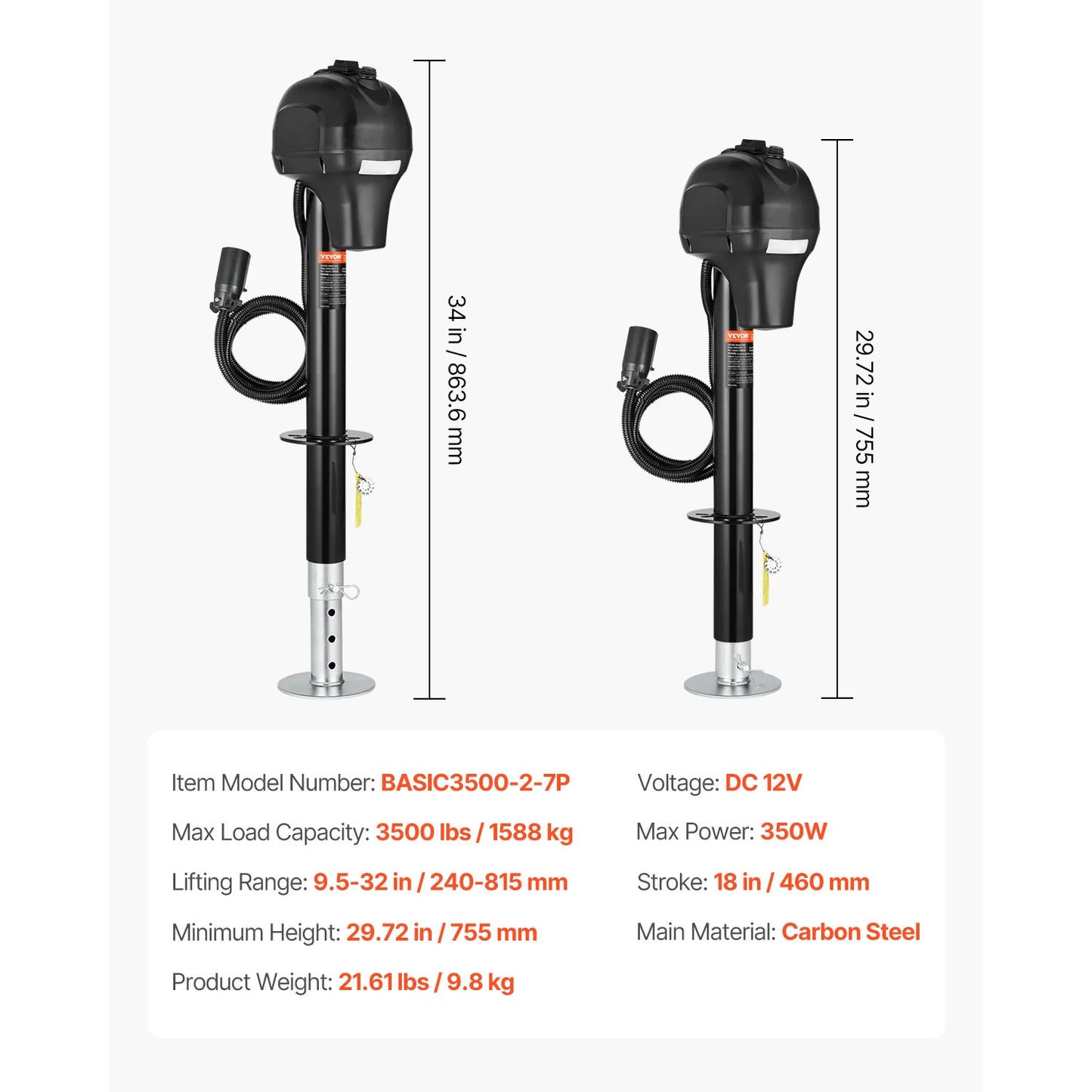 3500/5000Lbs Electric Trailer Jack RV 12V Tongue Jack with 7-pin Connector & Crank Handle 10"-28.3" Lift for Campers