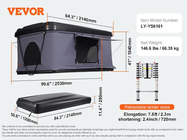 Rooftop Tent Hard Shell Roof Top with Telescopic Ladder with Thick Mattress Waterproof Windproof for Jeep Van Pickup Truck