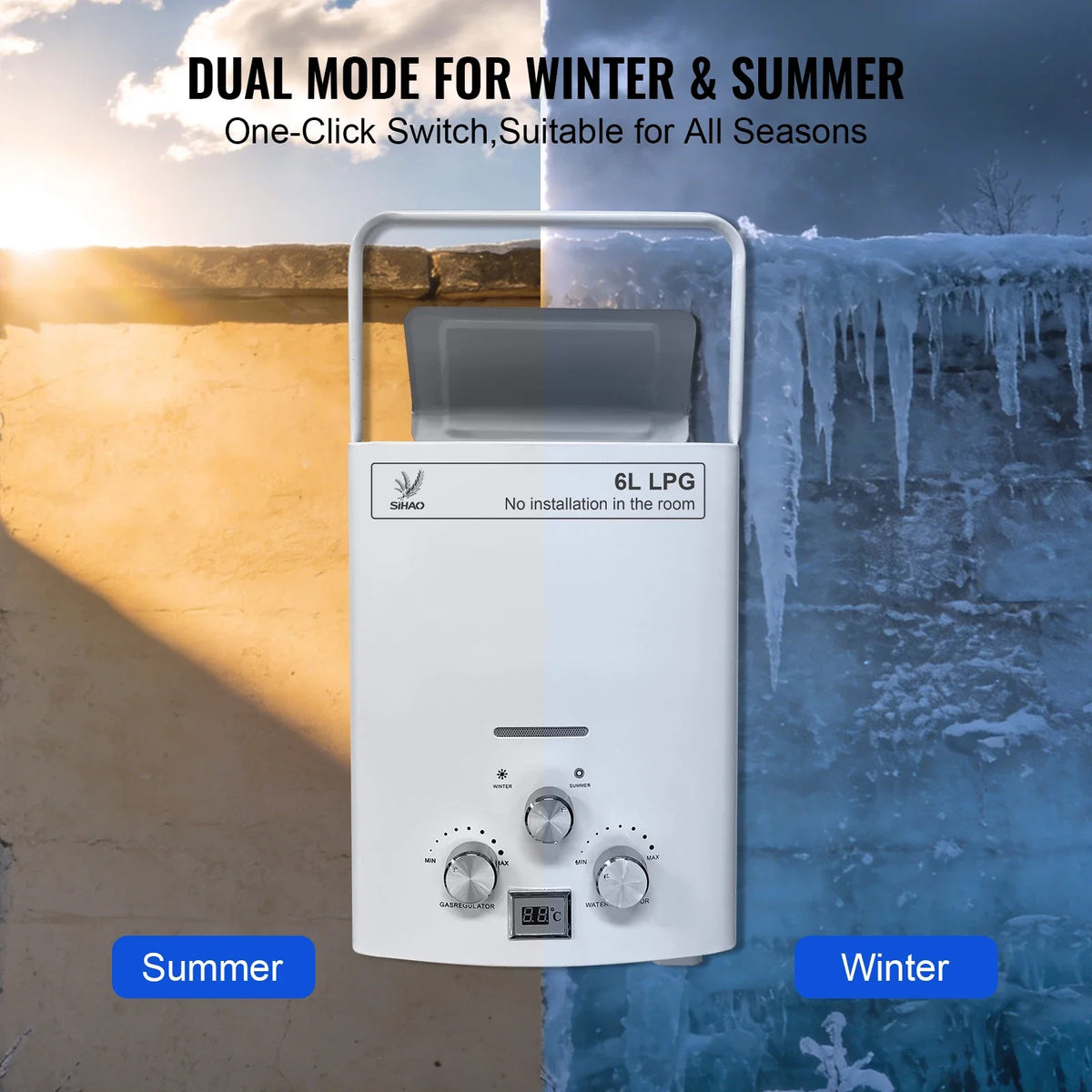 SIHAO 6L Portable Tankless LPG Water Heater – Digital Display for Outdoor Use