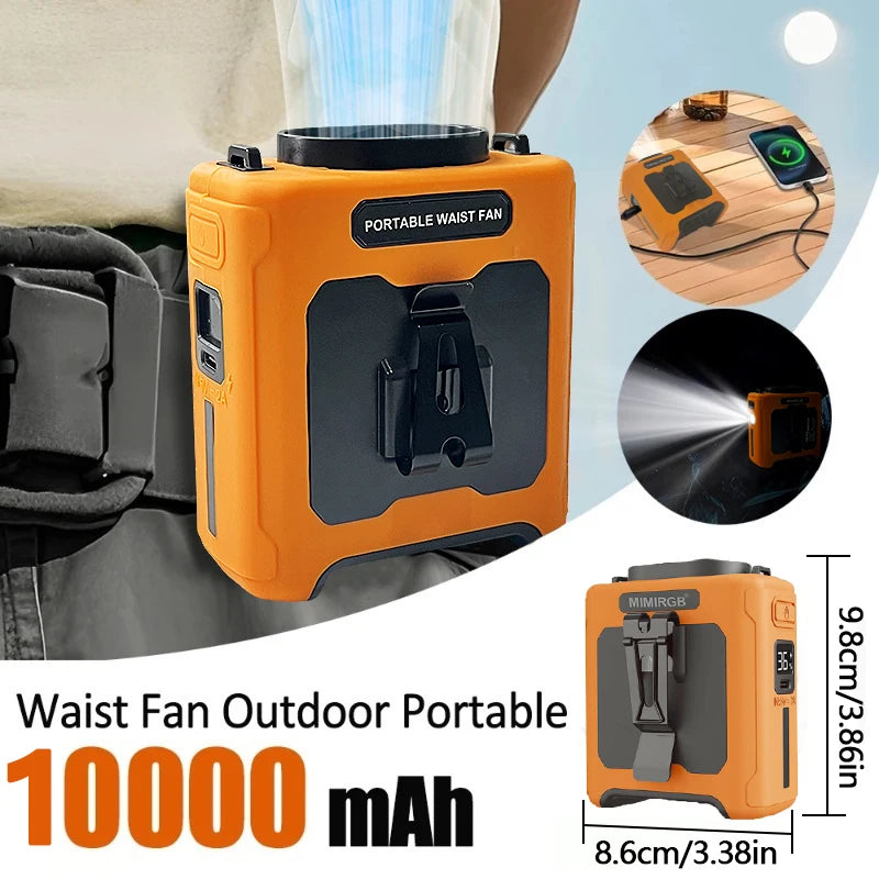 10000mAh Portable Neck Fan Cooling Rechargeable Hands-free Waist Clip Fan with Flashlight