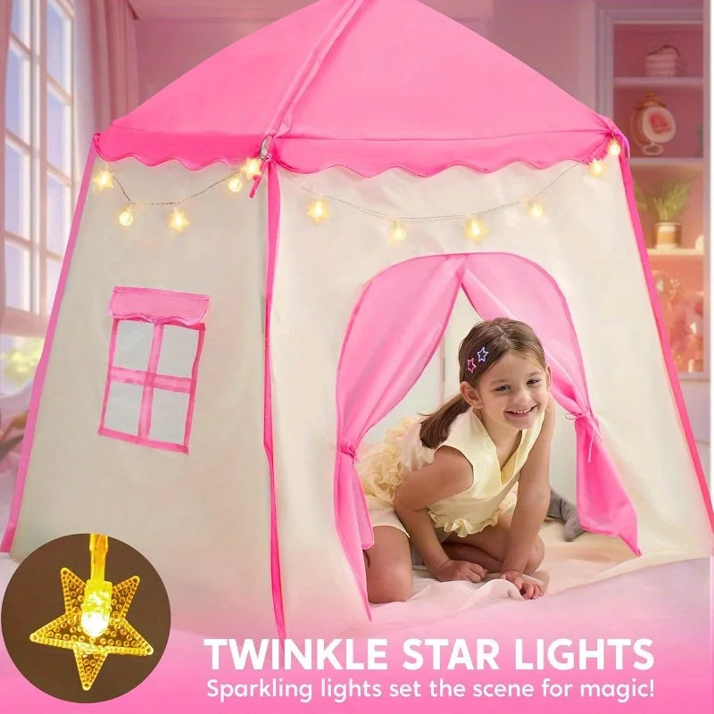 Pink Princess Castle Play Tent with LED Star Lights
