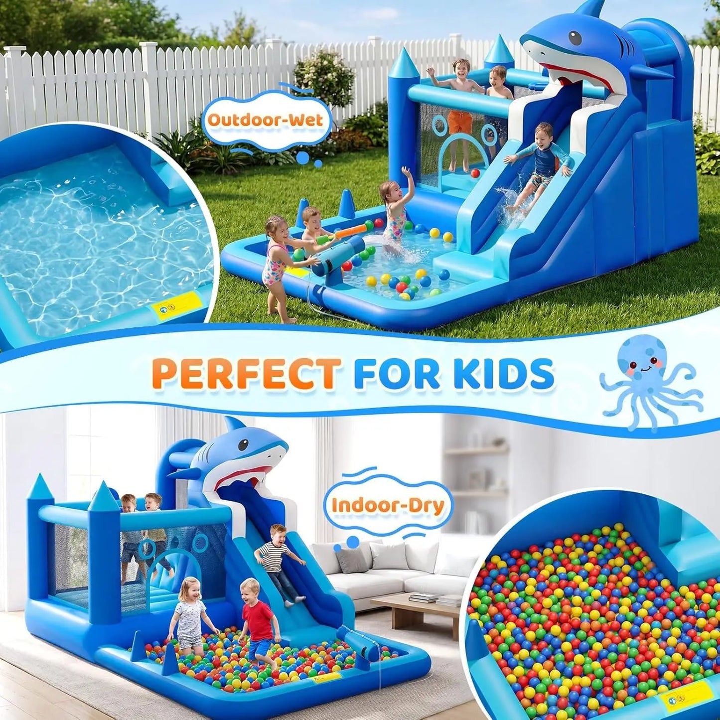 Inflatable Water Slide for Kids, 7-in-1 Bounce House with Splash Pool, Climbing Wall, Trampoline, Basketball Hoop & Water Cannons, Indoor Outdoor Bouncy Castle for Backyard Party, Blue