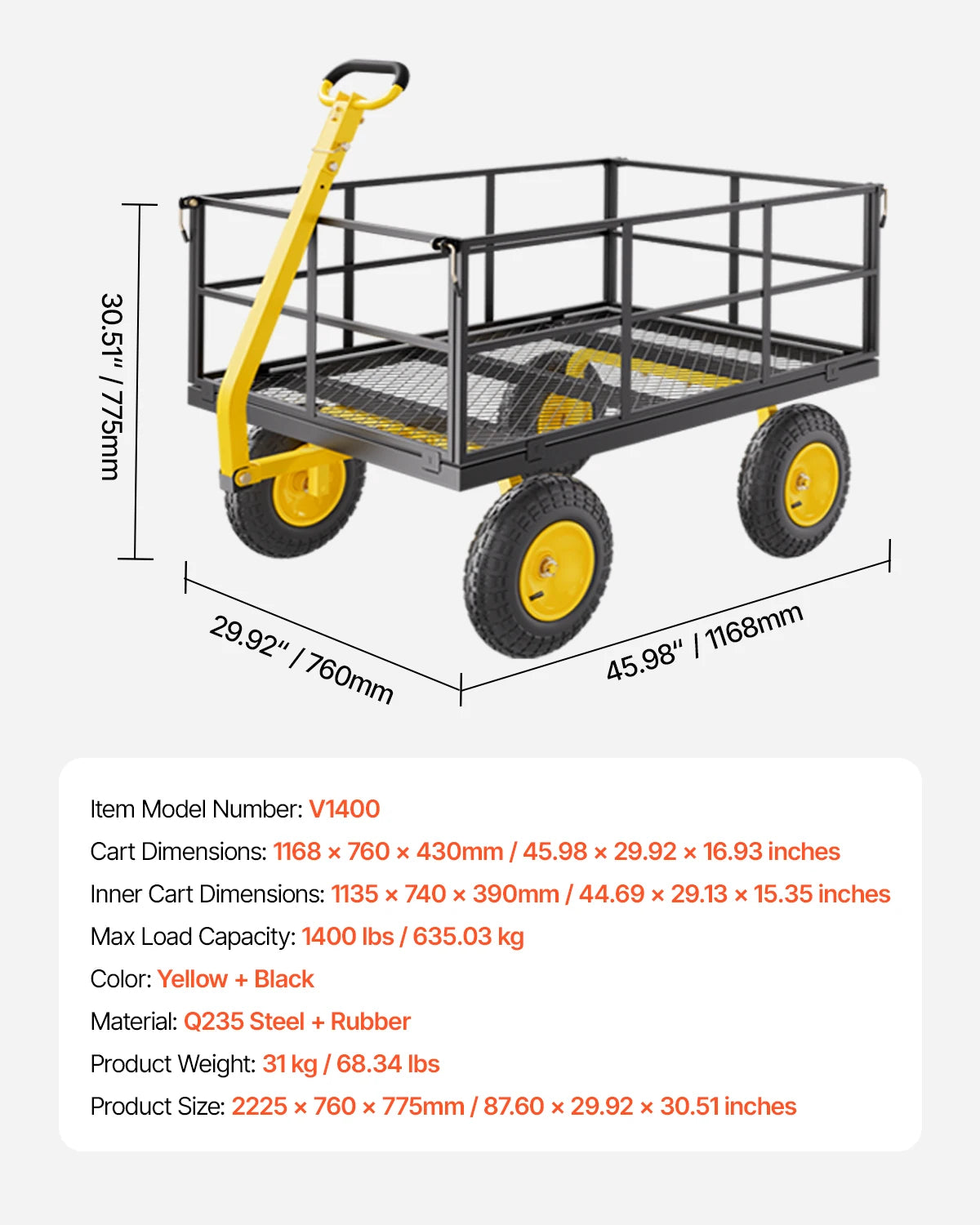 Steel Garden Cart W/ All TerrainTires Mesh Removable Sides and Rotating Handle