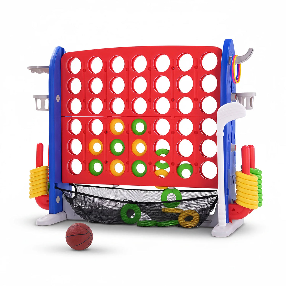 4-in-1 Giant Connect Four Yard Game Set with Basketball, Ring Toss & Net