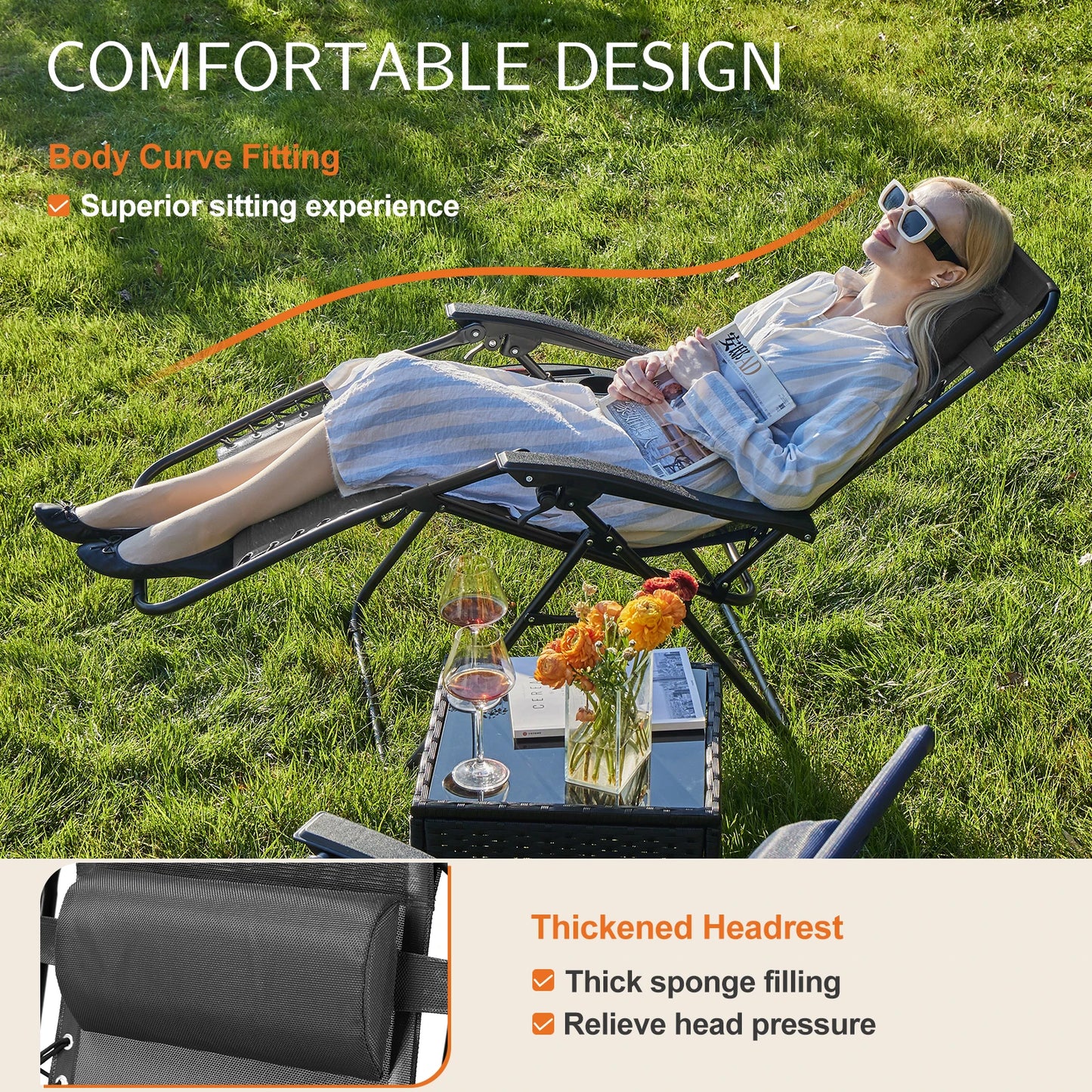 Zero Gravity Portable Recliner Camping Patio Outdoor Garden Lounge Chair with Cup Holder Trays