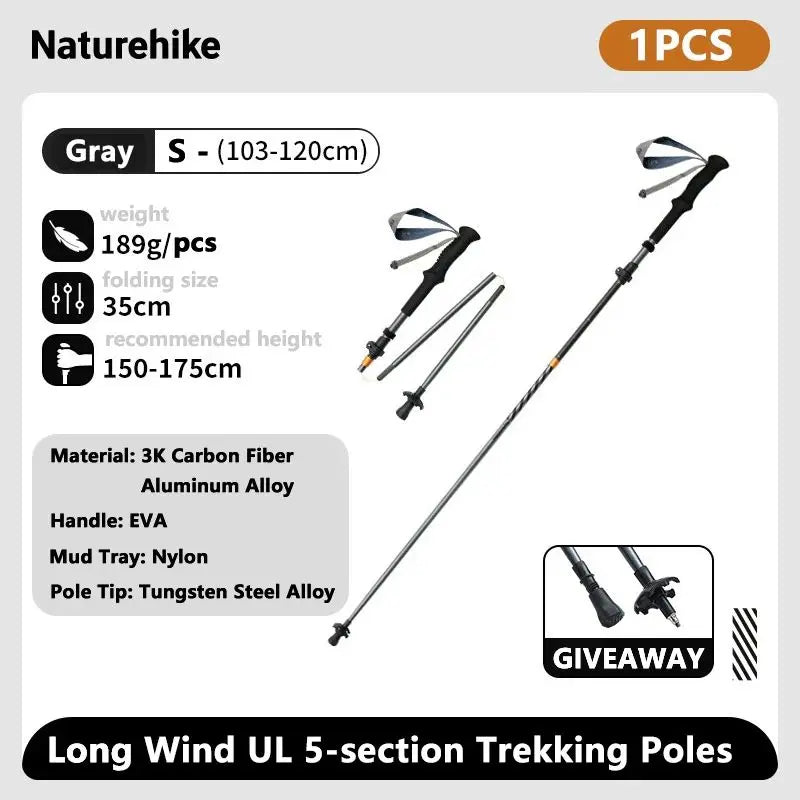 Naturehike Carbon Fiber Trekking Poles 5 Sections Portable Folding Climbing Sticks Outdoor Hiking Collapsible Walking Sticks