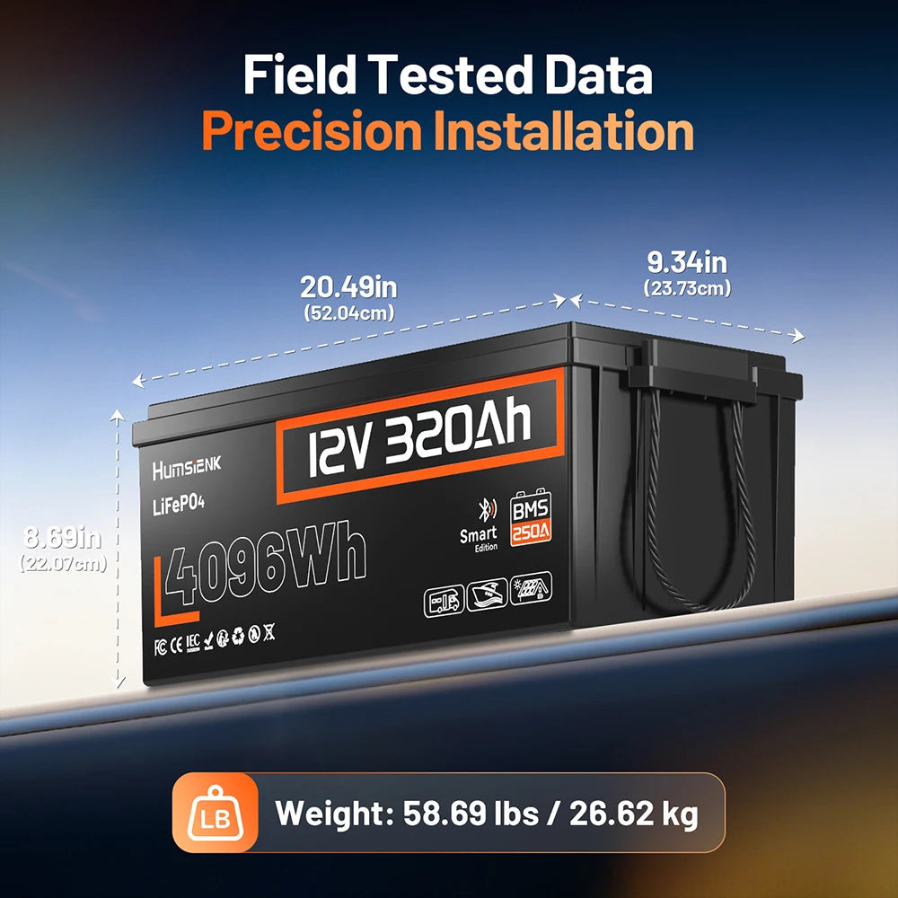 12V 320Ah Rechargeable Lithium Battery, Capacity 4096Wh, Built-in Bluetooth & 250A BMS, 15000+ Deep Cycle & 12V LiFePO4 Battery
