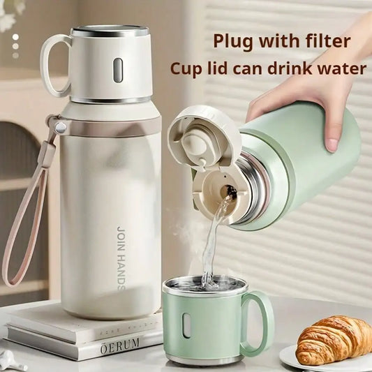 Stainless Steel Vacuum Insulated, Portable Thermal Water Bottle With Cup Lid & Carry Strap