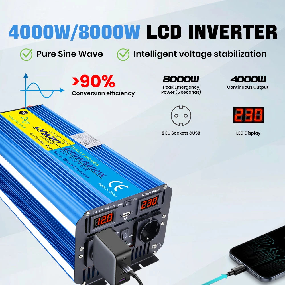 4000W 8000W  DC To AC Portable Power Inverter Voltage Converter With Remote Control