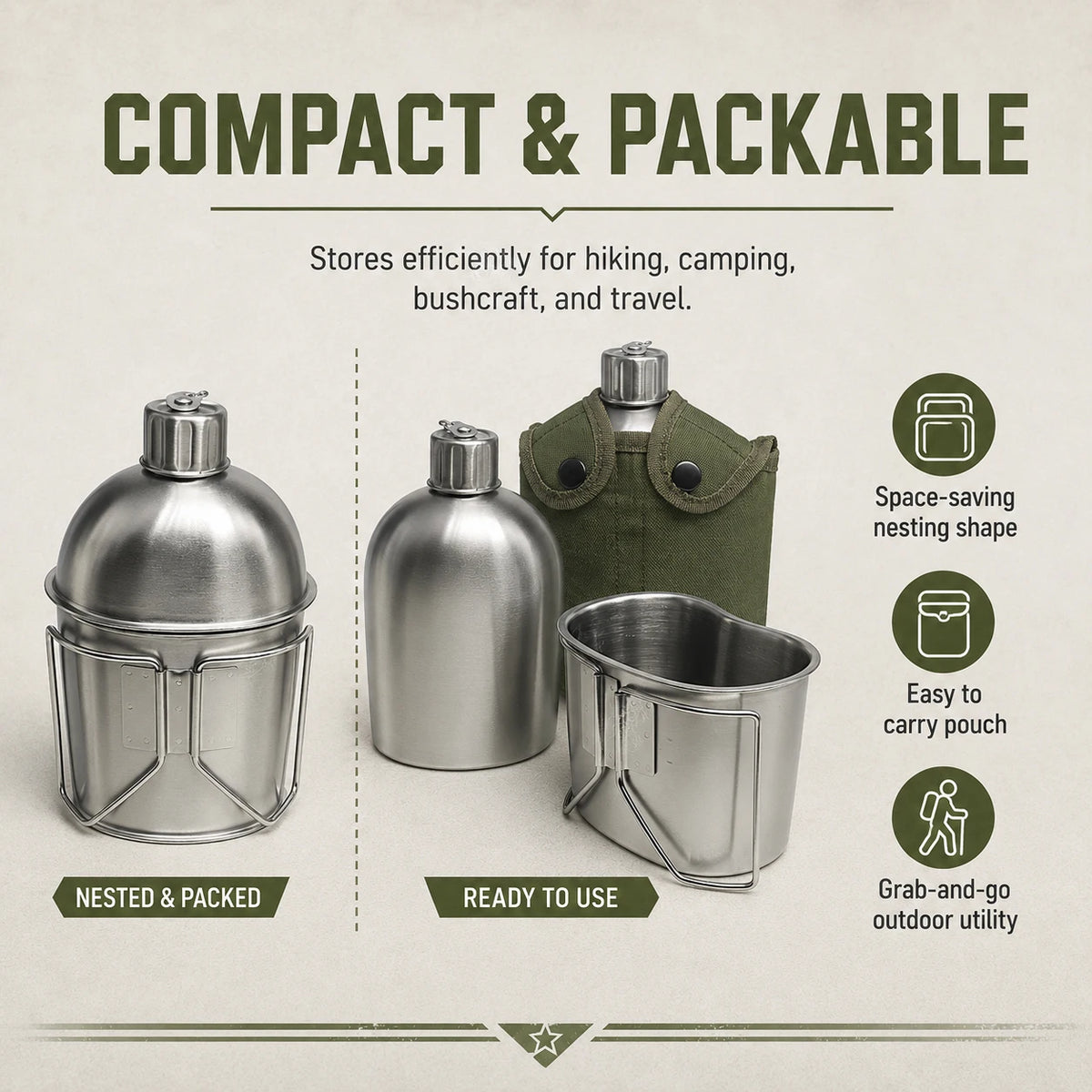 1L Tactical Water Canteen with Carrying Pouch – Outdoor Camping & Hiking Bottle
