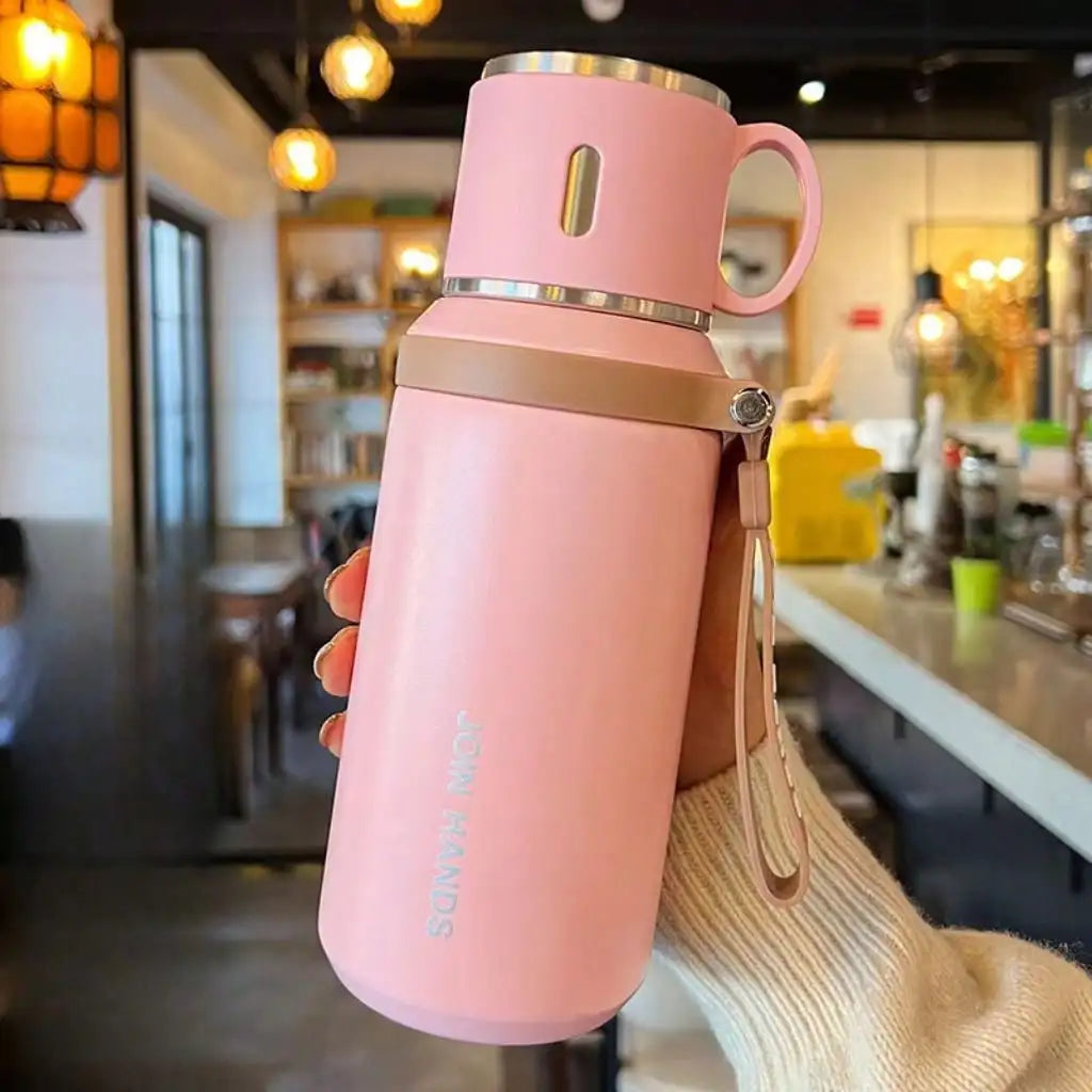 Stainless Steel Vacuum Insulated, Portable Thermal Water Bottle With Cup Lid & Carry Strap