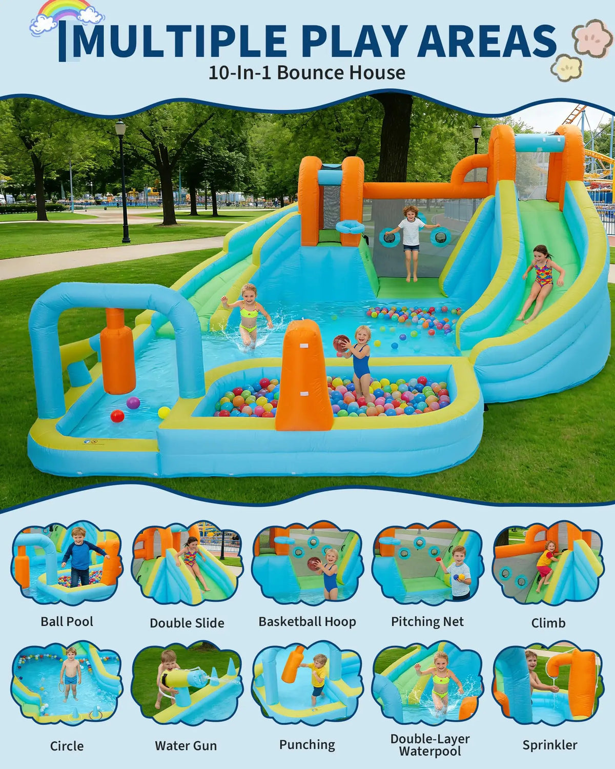 HiMiss 10-in-1 Inflatable Bounce House & Water Slide with 550W Blower