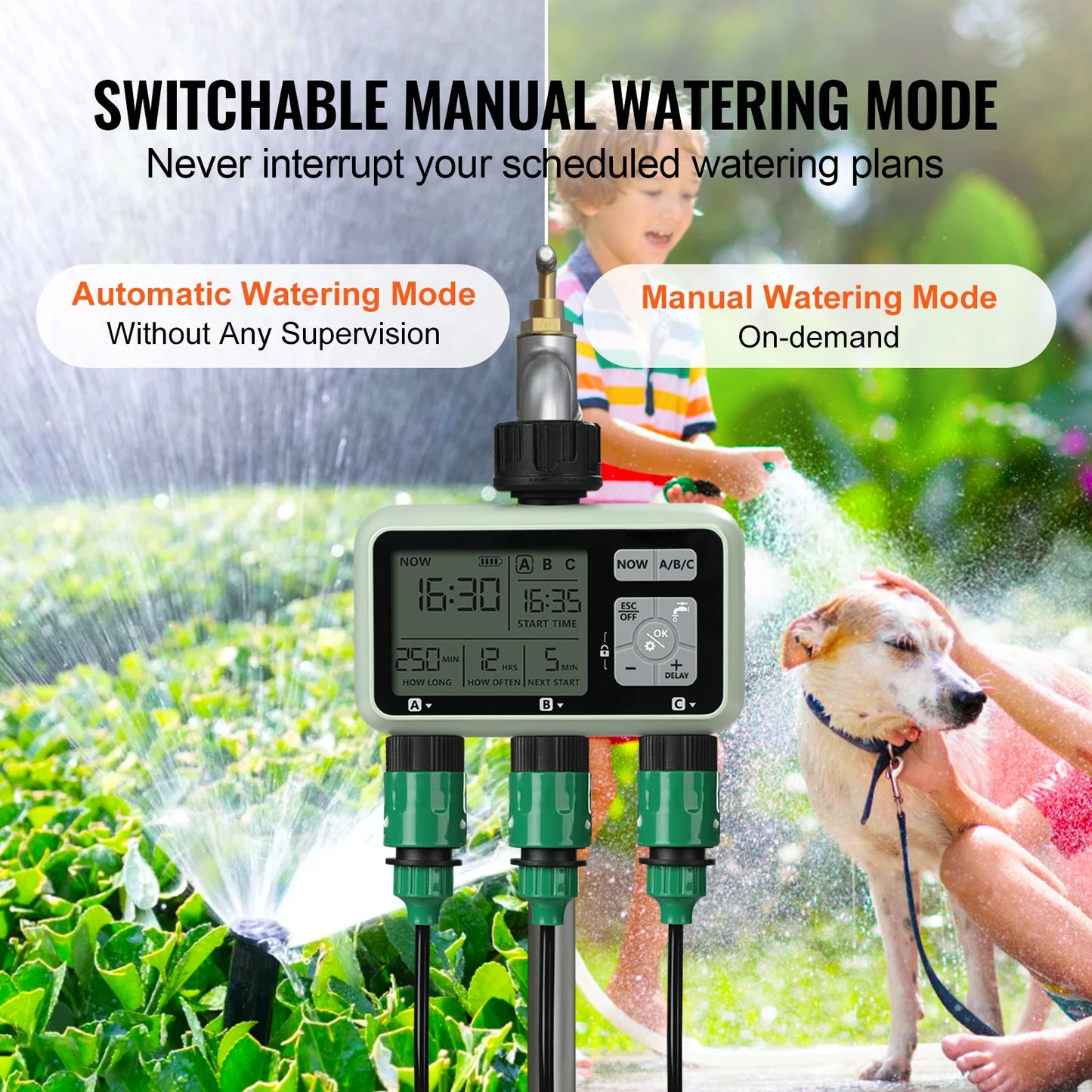 Water Timer 3 Outlets Hose 3 Independent Watering Zone LCD Display Rain Delay Mode Manual Mode