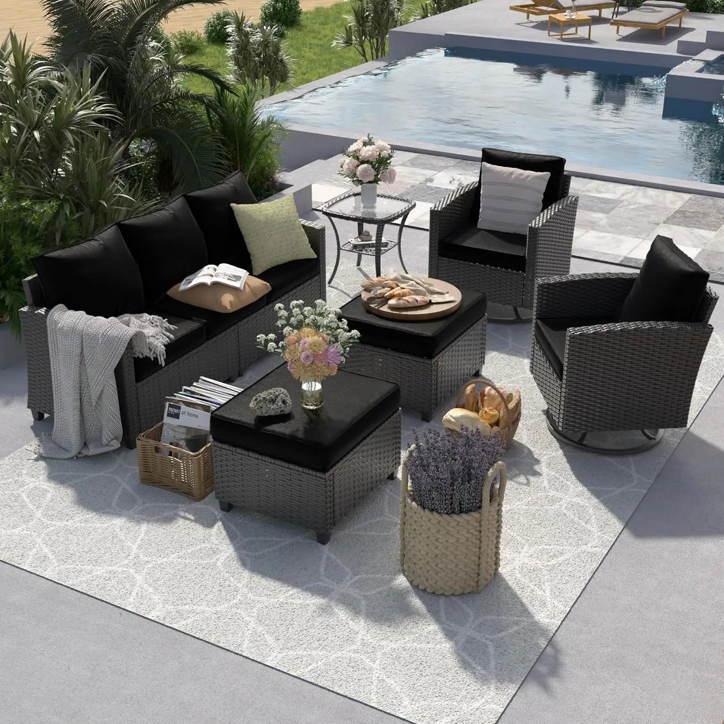 Patio Furniture Set, 6 Pieces Sectional Couch with Swivel Rocking Chair