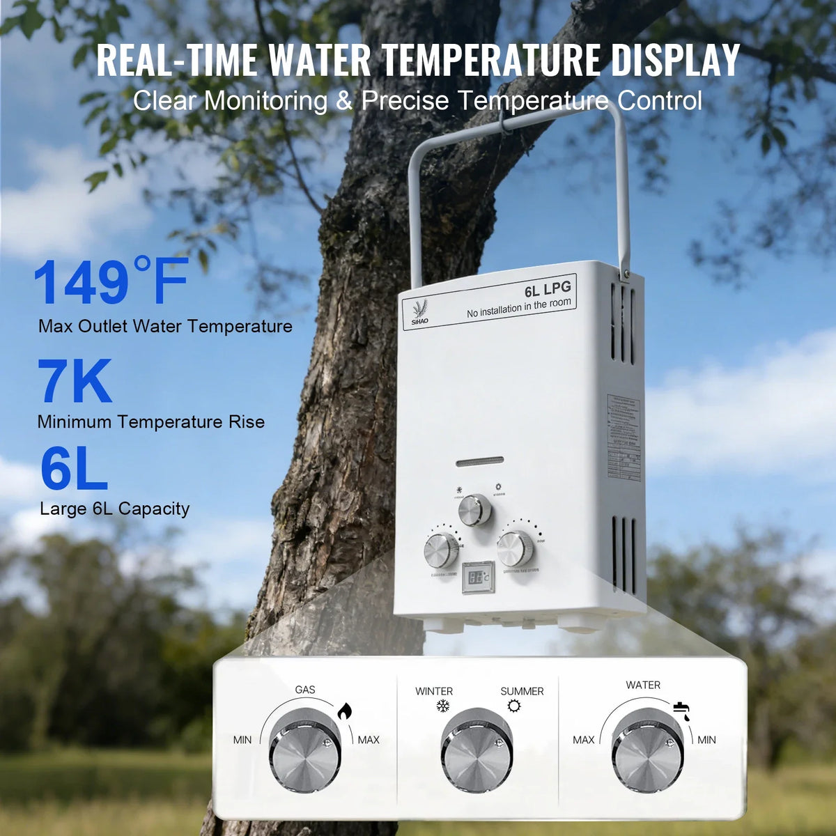 SIHAO 6L Portable Tankless LPG Water Heater – Digital Display for Outdoor Use