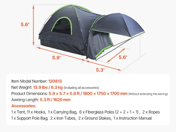 Pickup Truck Bed Tent for Camping Waterproof PU2000 2-3 Person